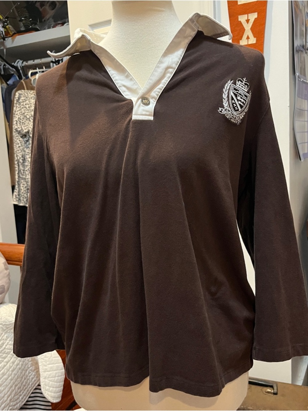 brown cotton collared button ralph lauren crest rugby emblem quarter sleeve
